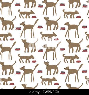 Kindliches nahtloses Vektormuster mit handgezeichneten Hunden. Trendiger Haustier-Hundevektor-Hintergrund. Naiver, unregelmäßiger, unordentlicher Hintergrund im Zeichentrickstil Stock Vektor