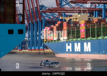 Hafenrundfahrt im Waltershofer Hafen, HHLA Containerterminal Burchardkai, HMM Nuri Containerfrachter, Containerschiff, Hamburg, Deutschland Stockfoto