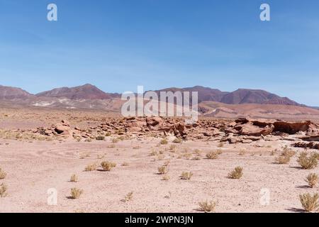 Staub- oder Steinkreis mit den Bergen des Valle arcoiris oder dem Regenbogental in der chilenischen atacama-Wüste. Stockfoto