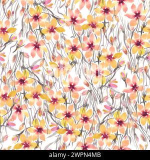 Hintergrundmuster nahtlose Karte mit gelben Blumen, Aquarell auf Papier, Stockfoto
