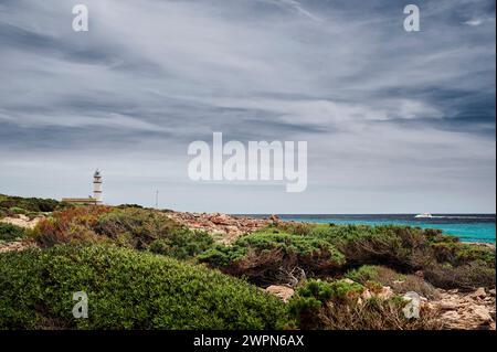 Leuchtturm Far des Cap de SES Salines, Mallorca, felsige Küste mit Sukkulenten, südlichster Punkt Mallorcas Stockfoto