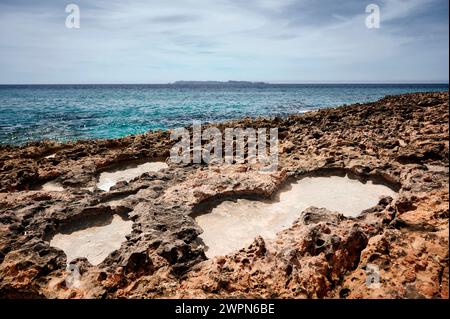 Die bizarre felsige Küste Mallorcas, Cap de SES Salines, bedeutet Salzquelle, natürliche Salzpfanne Stockfoto