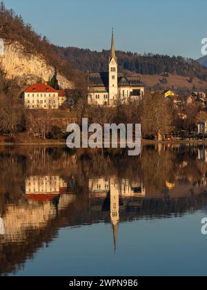 Blick auf den Bleder See in Slowenien. Stockfoto