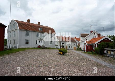 Blick auf Holzhäuser in Pataholm Schweden Stockfoto