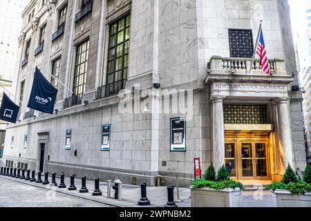 New York Stock Exchange, Außenansicht, Eingang zur Wall Street, Finanzviertel, New York City, New York, USA Stockfoto