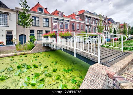 Vlamingstraat, die kleine Straße, Kanal, Vermeer, Blick auf das Haus, historische Altstadt, Architektur, Stadtblick, Delft, Niederlande, Stockfoto