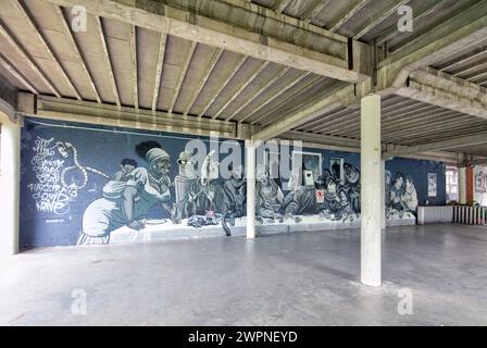 Wandgemälde, ENTR, Restaurant, Veranstaltungen, Ham, Hausfassade, Architektur, Nachbarschaft, Aussicht, Gent, Ostflandern, Belgien, Stockfoto