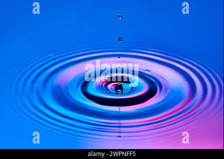 Ein Wassertropfen, der ins Wasser fällt und Wellen erzeugt Stockfoto