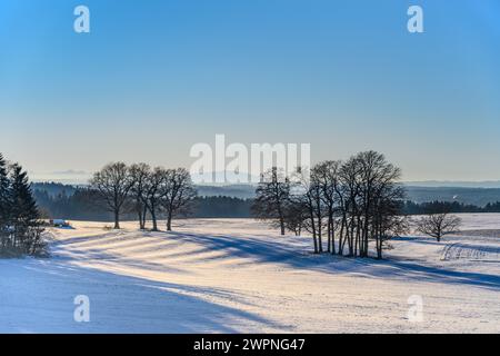 Germany, Bavaria, Tölzer Land, Münsing, winter landscape near Attenkam, view to the west with Hohen Peißenberg Stockfoto