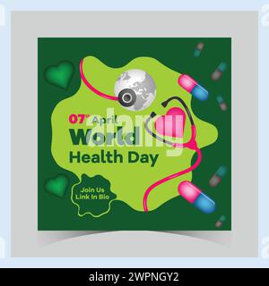 Weltgesundheitstag instagram-Beiträge und quadratische Social-Media-Vorlage Welttag, Gesundheit, Herzmedizin, Herztag, medizinischer Tag, Gesundheit Illustration, er Stock Vektor