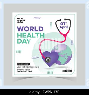 Weltgesundheitstag instagram-Beiträge und quadratische Social-Media-Vorlage Welttag, Gesundheit, Herzmedizin, Herztag, medizinischer Tag, Gesundheit Illustration, er Stock Vektor