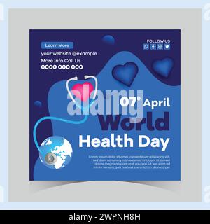 Weltgesundheitstag instagram-Beiträge und quadratische Social-Media-Vorlage Welttag, Gesundheit, Herzmedizin, Herztag, medizinischer Tag, Gesundheit Illustration, er Stock Vektor