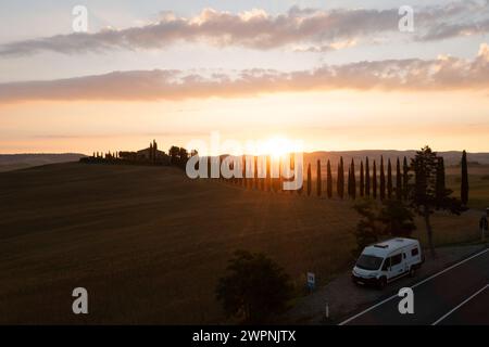 Tuscany Tree Avenue mit Wohnmobil Stockfoto