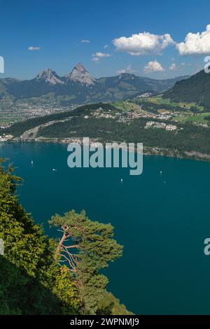 Blick vom Seelisberg über den Vierwaldstättersee Brunnen und die beiden Mythen Berge, Kanton URI, Schweiz Stockfoto