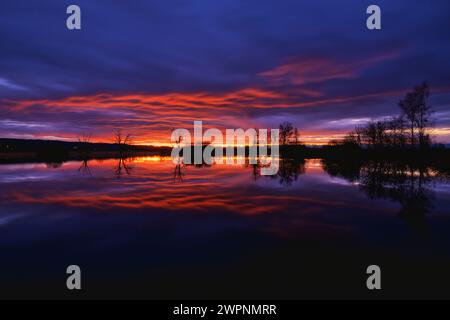 Vogelschutzgebiet Ammersee-Südufer, Hochwasser, Sonnenaufgang, Ammersee, Dießen, Oberbayern, Bayern, Deutschland Stockfoto