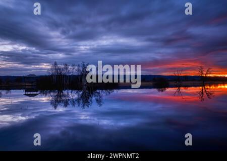 Vogelschutzgebiet Ammersee-Südufer, Hochwasser, Sonnenaufgang, Ammersee, Dießen, Oberbayern, Bayern, Deutschland Stockfoto