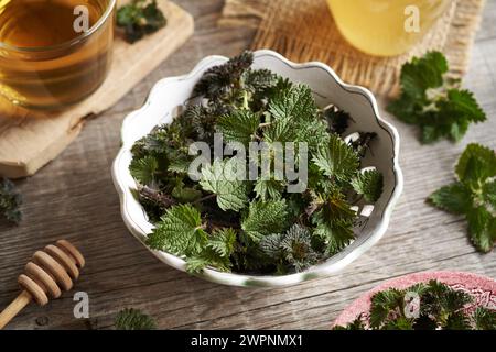 Frische Brennnessel in einer Schüssel, mit einer Tasse Kräutertee im Hintergrund Stockfoto