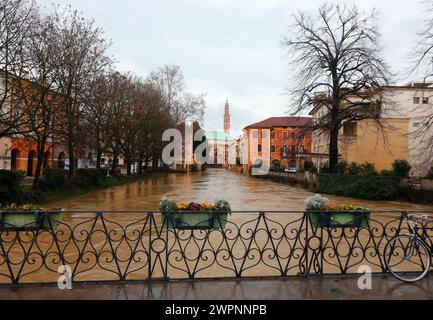 Blumentöpfe auf der FURO-Brücke und unter dem geschwollenen RETRONE-Fluss während der Überschwemmung in der Stadt Vicenza in Norditalien aufgrund des Klimawandels Stockfoto