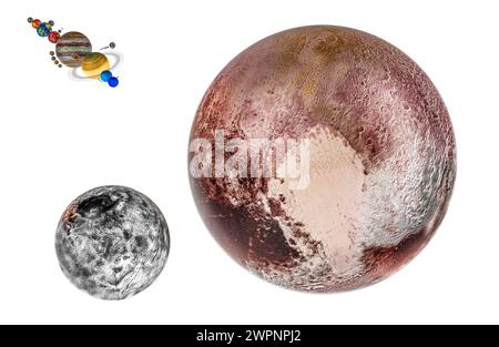 Pluto mit Satellit Charon Moon, 3D-Rendering isoliert auf weißem Hintergrund Stockfoto