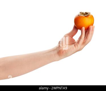 Persimmon in Hand Pfad isoliert auf weiß Stockfoto