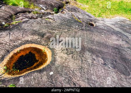 Capo di Ponte, städtischer archäologischer Park von Seradina-Bedolina, Felskunststätten, Felsenzeichnungen in Valcamonica (Camonica-Tal), Petroglyphen in Brescia, Lombardia/Lombardei, Italien Stockfoto