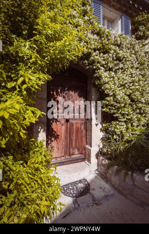 Alte malerische Holztür, eingerahmt von Glyzinien und echtem Jasmin im mittelalterlichen Stadtzentrum von Mougins, Provence-Alpes-Cote d'Azur in Südfrankreich Stockfoto