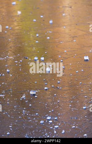 Kleine Eisbrocken liegen auf einem gefrorenen See, goldene Reflexe durch den von der Sonne erleuchteten Wald, Deutschland Stockfoto