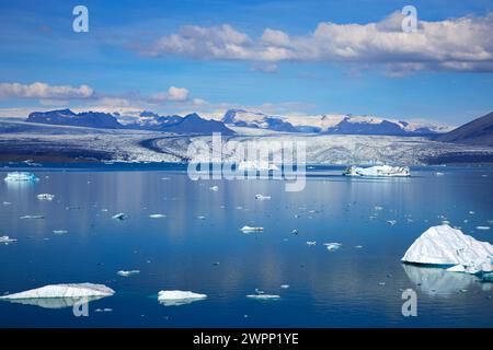 Eisberge auf dem Gletschersee Joekulsarlon vor den Bergen von Esjufjell. Stockfoto