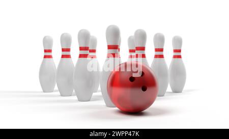 Bowlingkugel und Pins isoliert auf weißem Hintergrund. 3D-Abbildung. Stockfoto