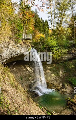 Deutschland, Bayern, Scheidegg, Scheidegg Wasserfälle, zweiter Wasserfall. Die Scheidegg-Wasserfälle stehen auf der Liste der schönsten Geotope Bayerns. Stockfoto