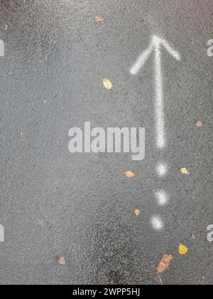 Weißer Pfeil nach oben und drei weiße Punkte auf grauem Asphaltgrund im Regen, regengetränkte Fahrbahn mit Schild, Deutschland Stockfoto