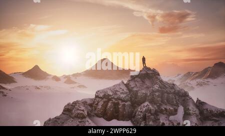 Abenteuerlustiger Mann Wanderer auf einem schneebedeckten Gipfel. Blick auf die schneebedeckten Berge. Sonnenaufgang, Sonnenuntergang. 3D-Rendering. Stockfoto
