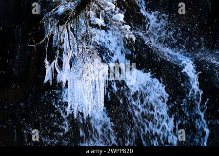 Gefrorene Wasserfälle auf dem schwarzen Felsen im Lundy Canyon, Kalifornien. Stockfoto