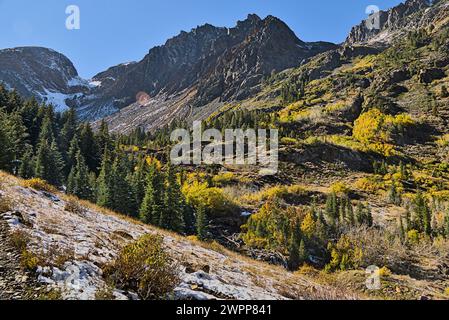 Herbst und Winter im Lundy Canyon mit wechselnden bunten Bäumen und leichtem Schnee auf dem Boden und auf der Bergspitze. Stockfoto