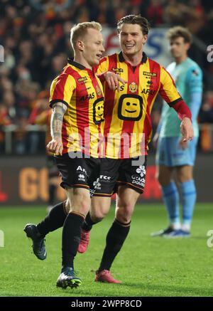 Mechelen, Belgien. März 2024. Mechelen's Patrick Pflucke feiert nach einem Torschuss während eines Fußballspiels zwischen KV Mechelen und KVC Westerlo am Freitag, den 08. März 2024 in Mechelen, am 29. Tag der Saison 2023-2024 der ersten Liga der „Jupiler Pro League“ der belgischen Meisterschaft. BELGA PHOTO VIRGINIE LEFOUR Credit: Belga News Agency/Alamy Live News Stockfoto