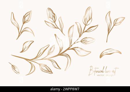 Botanische elegante Goldlinie Kunst Illustration der Blume Blätter Zweig für Hochzeitseinladungen und Karten, Logo Design, Web, soziale Medien und Poster, Temp Stock Vektor