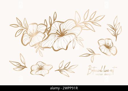 Botanische elegante Goldlinie Kunst Illustration der Blume Blätter Zweig für Hochzeitseinladungen und Karten, Logo Design, Web, soziale Medien und Poster, Temp Stock Vektor