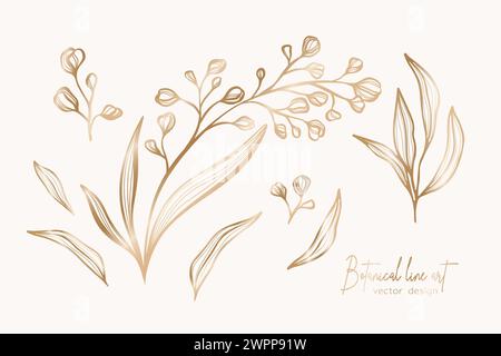Botanische elegante Goldlinie Kunst Illustration der Blume Blätter Zweig für Hochzeitseinladungen und Karten, Logo Design, Web, soziale Medien und Poster, Temp Stock Vektor