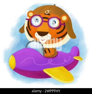 Zeichentrickszene mit glücklichem kleinen Jungen Tigerkatze Pilot, der Spaß hat, im Flugzeug auf weißem Hintergrund Illustration für Kinder zu fliegen Stockfoto