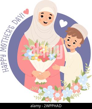 Happy Mother's Day Card. Süße islamische Frau mit ihrem Sohn und mit Blumenstrauß. Vektorabbildung. Positiver muslimischer Feiertagscharakter in Stock Vektor