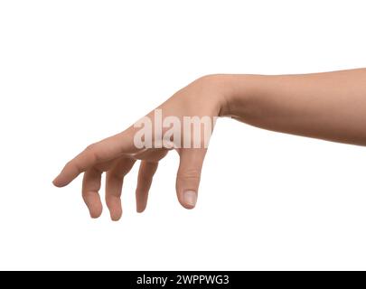 Frau hält etwas in der Hand auf weißem Hintergrund, Nahaufnahme Stockfoto