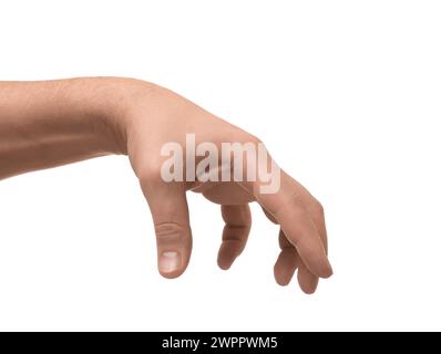 Mann hält etwas in der Hand auf weißem Hintergrund, Nahaufnahme Stockfoto