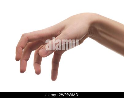 Mann hält etwas in der Hand auf weißem Hintergrund, Nahaufnahme Stockfoto