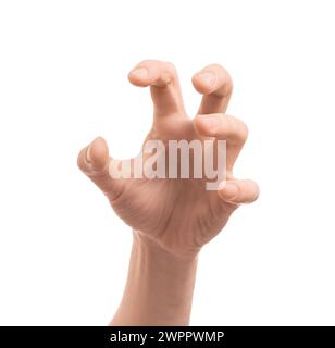 Mann hält etwas in der Hand auf weißem Hintergrund, Nahaufnahme Stockfoto