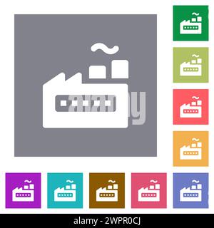 Solide flache Symbole im Fabrikgebäude auf einfachen quadratischen farbigen Hintergründen Stock Vektor