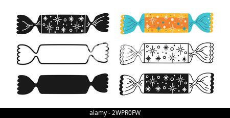 Eingewickelte Süßigkeiten mit Doodle Ornament. Zeichentricksymbol Bonbon, Stempel Lutscher, Silhouette, Linie Icon Süßigkeiten Snack Design Set. Leckerer Zucker Dessert kindliche Speisen. Gewickelte Karamell-Bonbon-Vektor-Illustration Stock Vektor