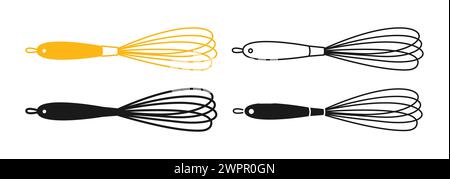 Küche Schneebesen lineares Symbol, Zeichentricksymbol Set. Einfaches Werkzeug zum Mischen und Rühren von Kochutensilien. Einfaches Symbolzeichen, Silhouettenform für Infografik, Website-App-Logo. Vektorutensilien Stock Vektor