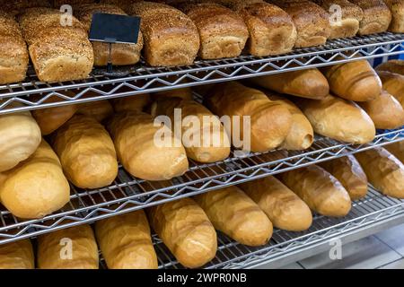 Verschiedene Arten von goldbraunem frisch gebackenem Brot ordentlich auf Metallregalen angeordnet, frische Bäckerei Brotregale, Lebensmittelproduktion Kleinunternehmen, Einkäufe Stockfoto