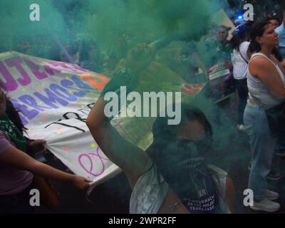 Lima, Peru. März 2024. Eine Aktivistin, die eine Rauchfackel schwenkte, als Tausende von Frauen auf die Straße gingen, um ihre Rechte zu fordern, im Rahmen der Aktivitäten zum Internationalen Frauentag, der jeden 8. März international gefeiert wird. Quelle: Fotoholica Presseagentur/Alamy Live News Stockfoto