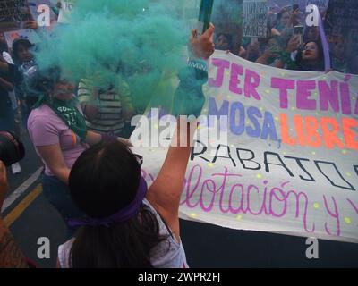 Lima, Peru. März 2024. Eine Aktivistin, die eine Rauchfackel schwenkte, als Tausende von Frauen auf die Straße gingen, um ihre Rechte zu fordern, im Rahmen der Aktivitäten zum Internationalen Frauentag, der jeden 8. März international gefeiert wird. Quelle: Fotoholica Presseagentur/Alamy Live News Stockfoto